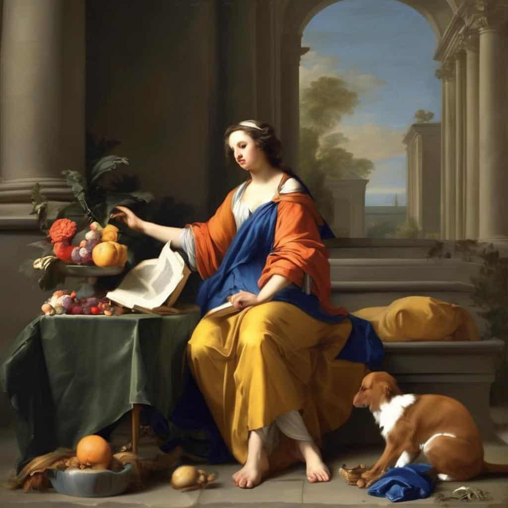 Παλαιά ζωγραφική με γυναίκα σε αρχαίο περιβάλλον, άνοιξη, τέχνη, καθημερινότητα, έργο ζωγραφικής, αρμονία, εικόνα, αριστουργήμα, ιστορία, πολιτισμός.