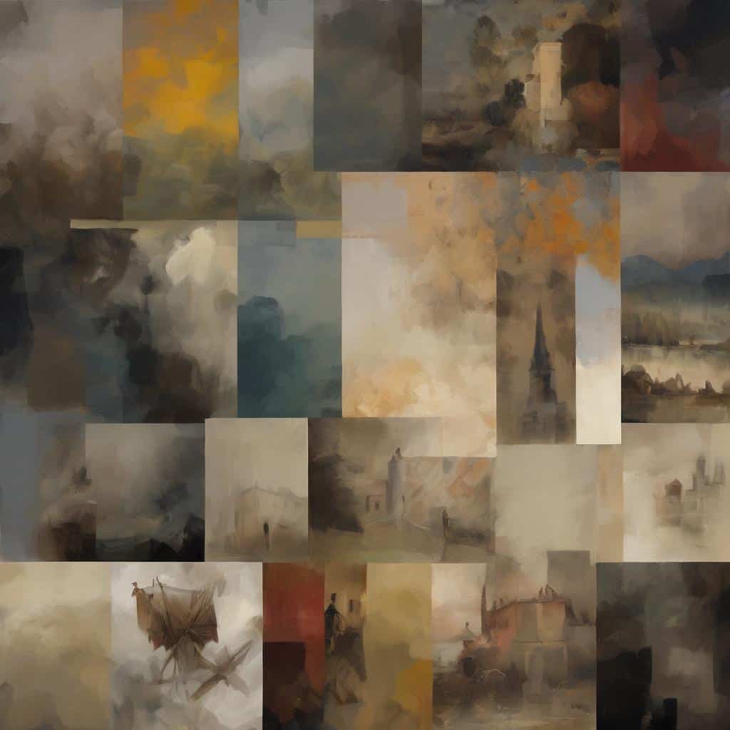 Παραστατικά έργα τέχνης με ονειρεμένες τοπιογραφίες και καθημερινές σκηνές σε απαλά, θαμνώδη χρώματα, δημιουργώντας ατμόσφαιρα τέχνης και καθημερινότητας σε μια σύγχρονη συλλογή ζωγραφικών.