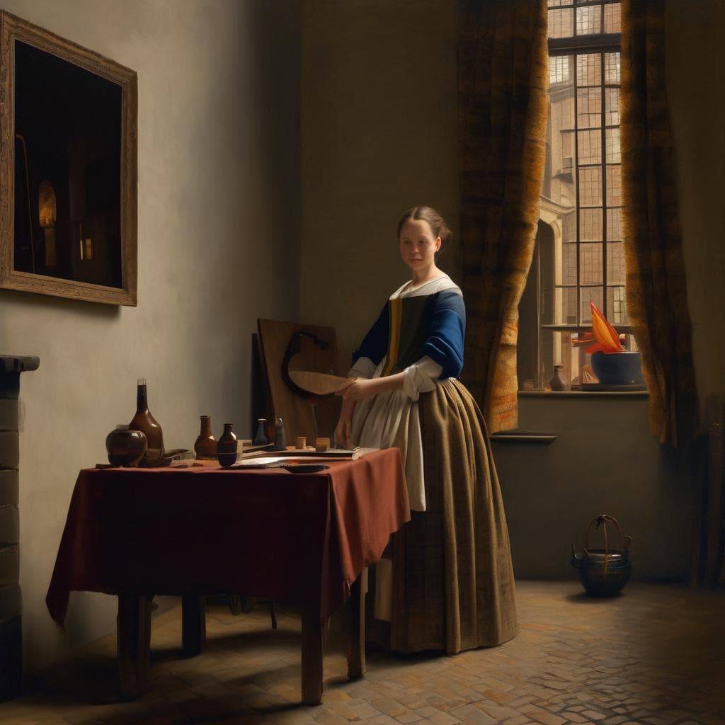 Παράδειγμα μεσαιωνικής γυναίκας σε εσωτερικό με πίνακα, γλάστρες και παράθυρο, αναδεικνύοντας τέχνη και καθημερινότητα στην ιστορία.