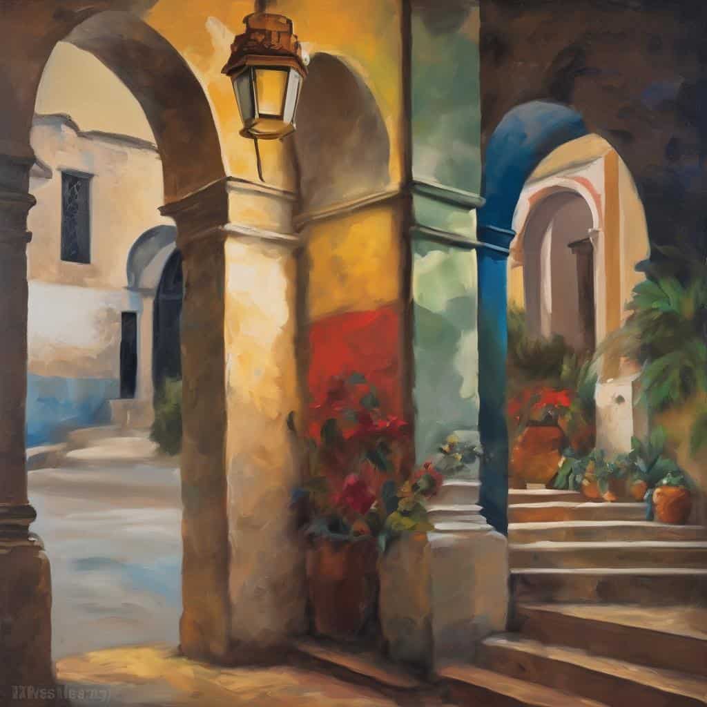 Λευκός πεζόδρομος με πλακόστρωτα σκαλοπάτια και πολύχρωμα λουλούδια σε παλιομοδίτικο βολβό, σε ήρεμη ατμόσφαιρα της αστικής τέχνης και καθημερινότητας.