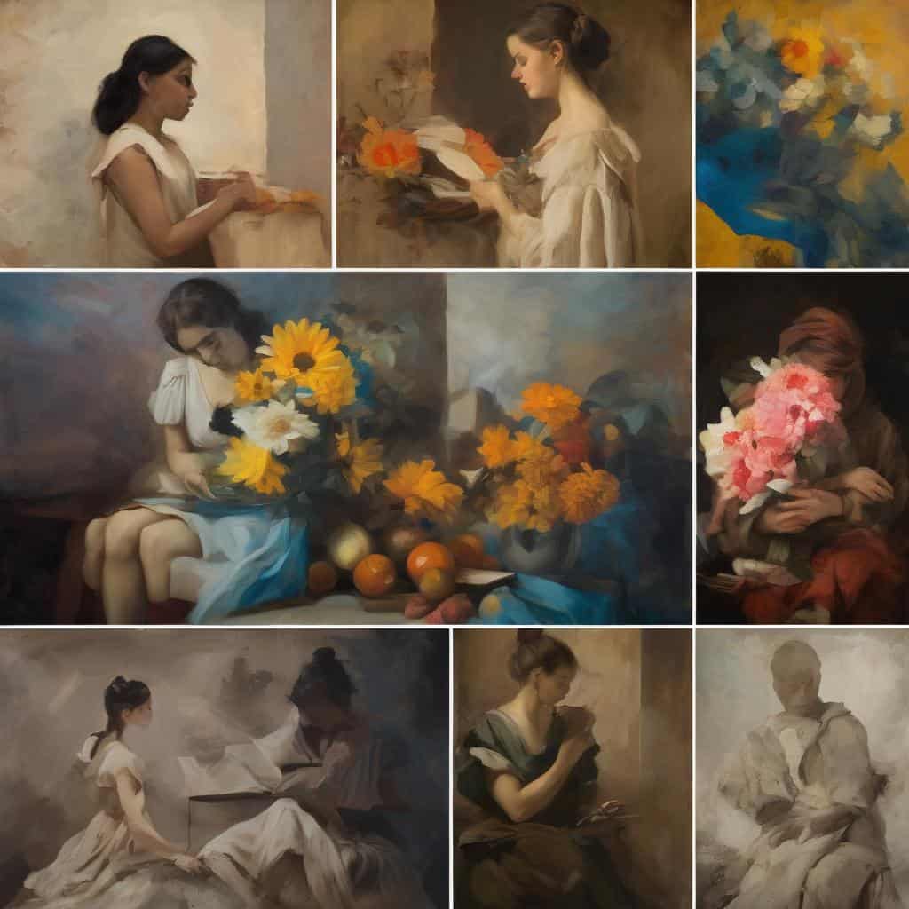 Αναμίκτες νεαρές γυναίκες διαβάζουν και αφοσιώνονται στην τέχνη και την καθημερινότητα, σε ζωγραφικά έργα που αναδεικνύουν τη σχέση μεταξύ τέχνης και καθημερινών στιγμών.